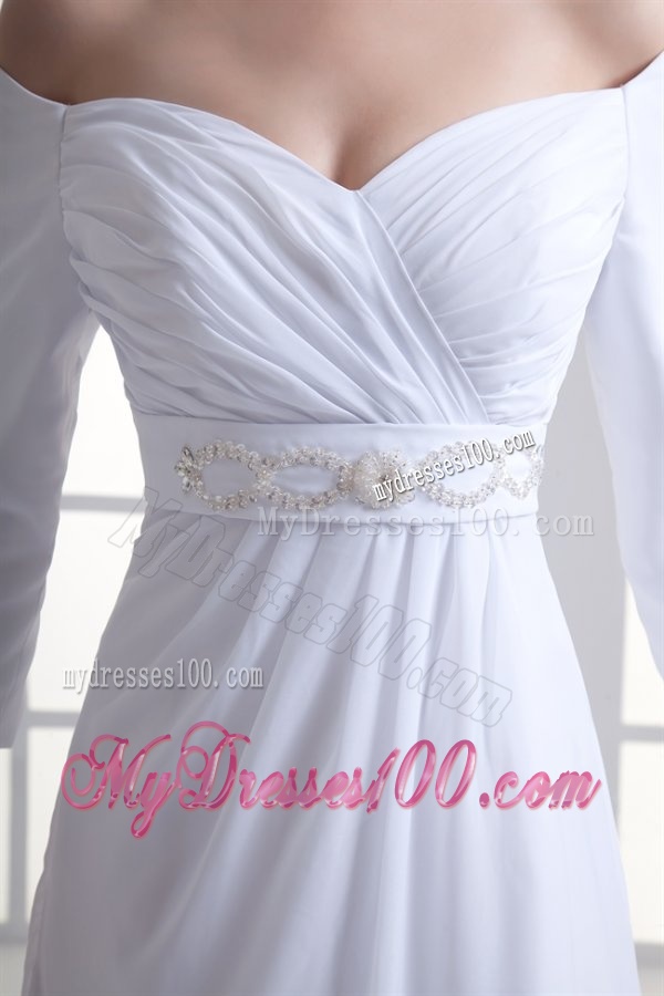 Empire Off The Shoulder Long Sleeves Floor-length Beading Wedding Dress