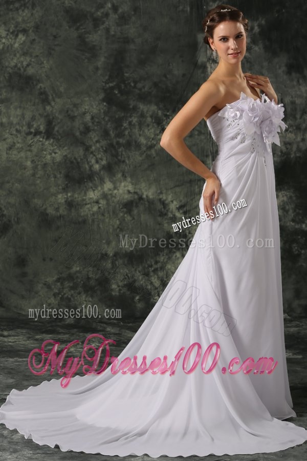 Empire Sweetheart Court Train Beading and Hand Made Flower Chiffon Wedding Dress