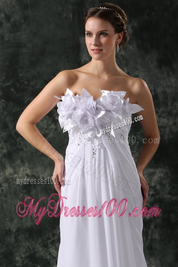 Empire Sweetheart Court Train Beading and Hand Made Flower Chiffon Wedding Dress
