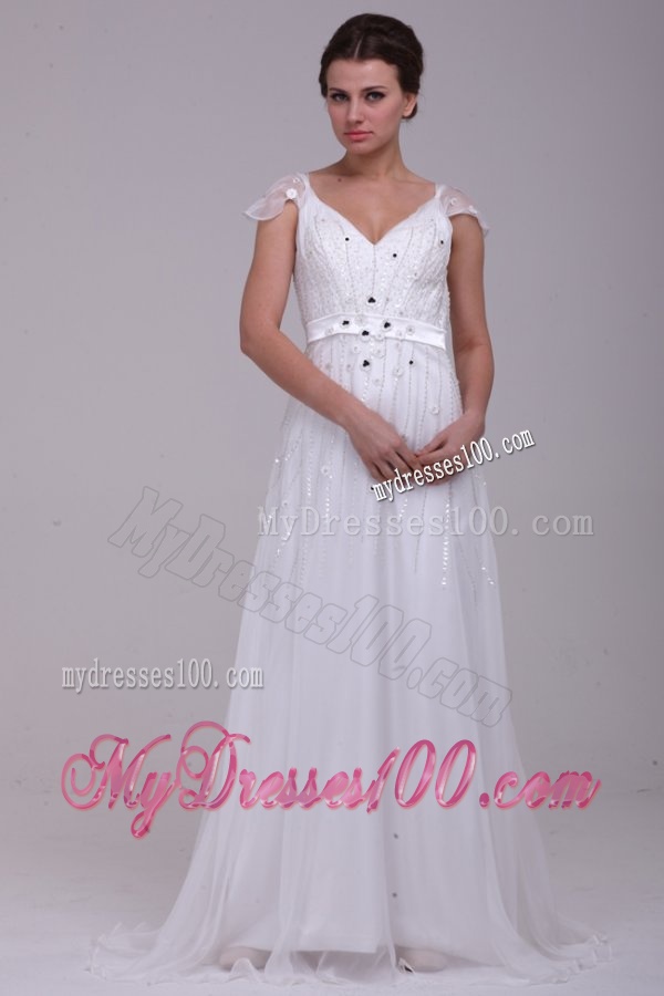 Empire V-Neck Floor-length Zipper Up Wedding Dress with Beading