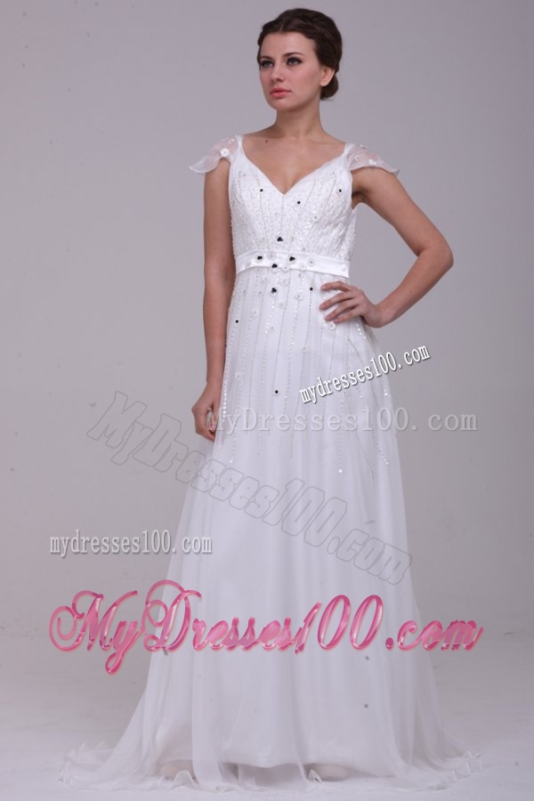 Empire V-Neck Floor-length Zipper Up Wedding Dress with Beading