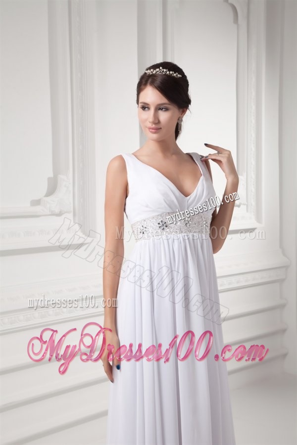 Empire V-neck Beading and Ruching Chiffon Long Wedding Dress