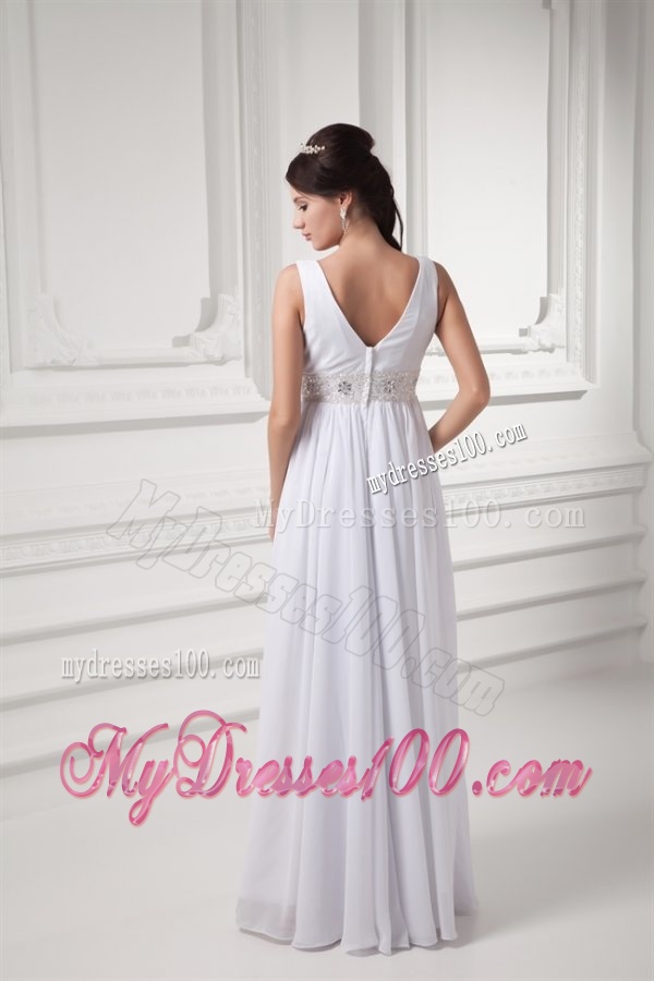 Empire V-neck Beading and Ruching Chiffon Long Wedding Dress