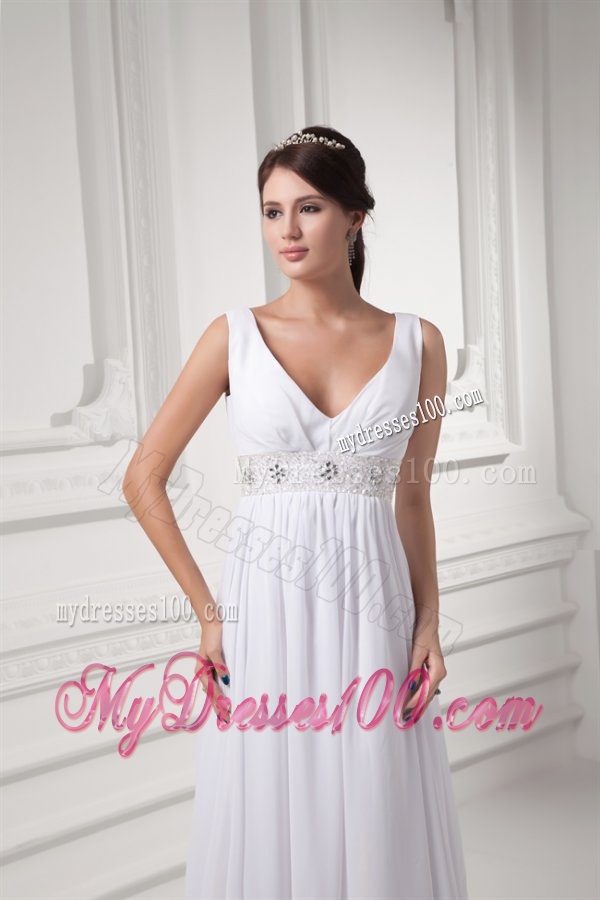 Empire V-neck Beading and Ruching Chiffon Long Wedding Dress