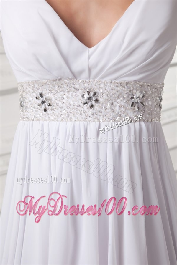 Empire V-neck Beading and Ruching Chiffon Long Wedding Dress