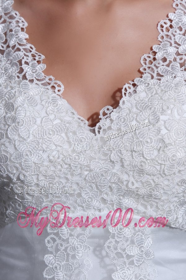 Exquisite V-neck A-line Lace Appliques Wedding Dress with Court Train