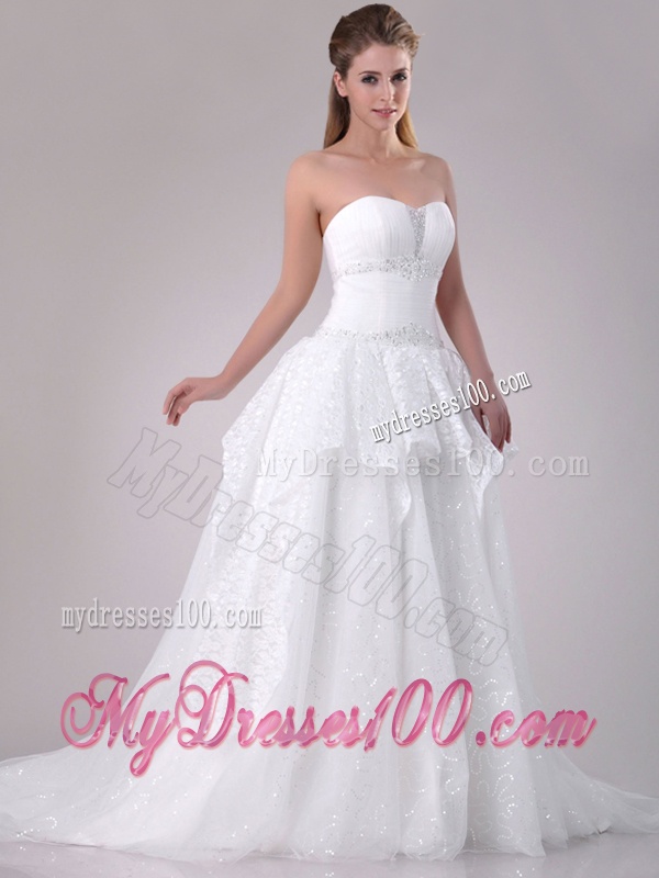Fashionable A Line Strapless Sequined Wedding Dress in Tulle for 2016