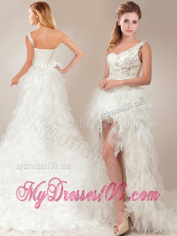 Fashionable One Shoulder High Low Wedding Dresses with Ruffles and Appliques