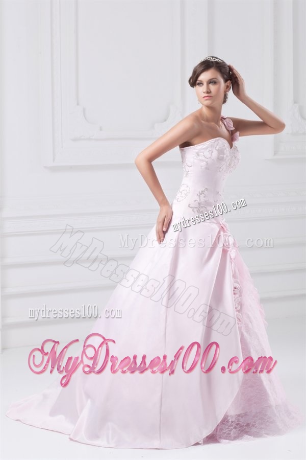 Flowers One Shoulder Baby Pink Wedding Dress with Embroidery