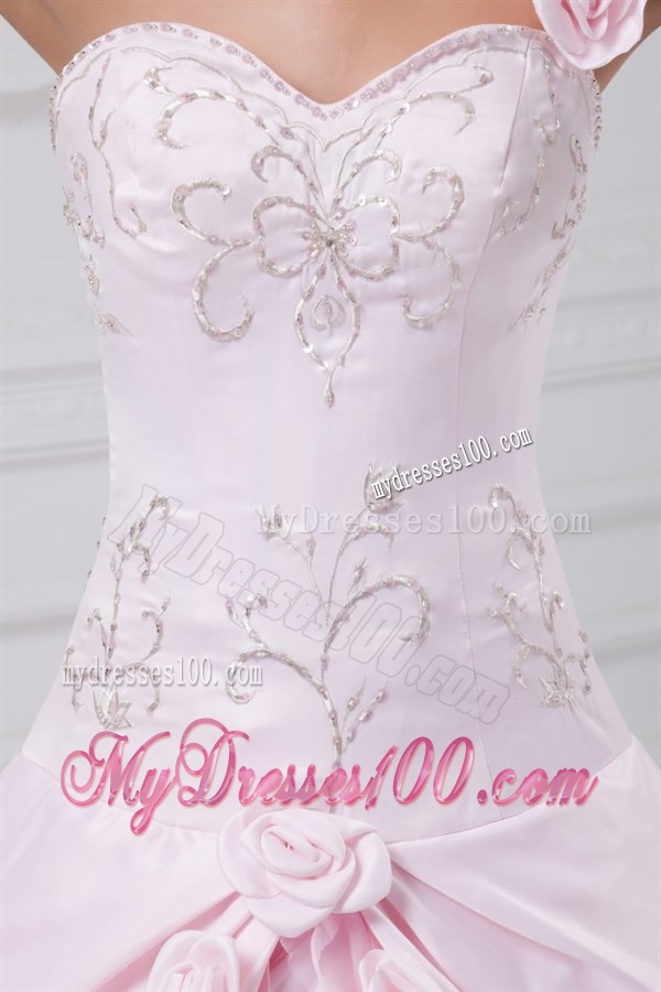 Flowers One Shoulder Baby Pink Wedding Dress with Embroidery