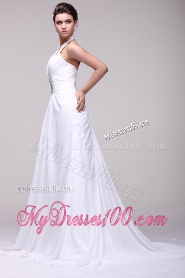 Halter Top Neck A-line Beading Taffeta Court Train Wedding Dress