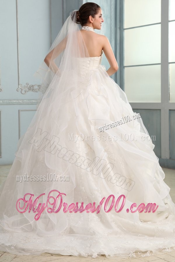 Halter Top Neck Organza Ball Gown Wedding Dress with Appliques