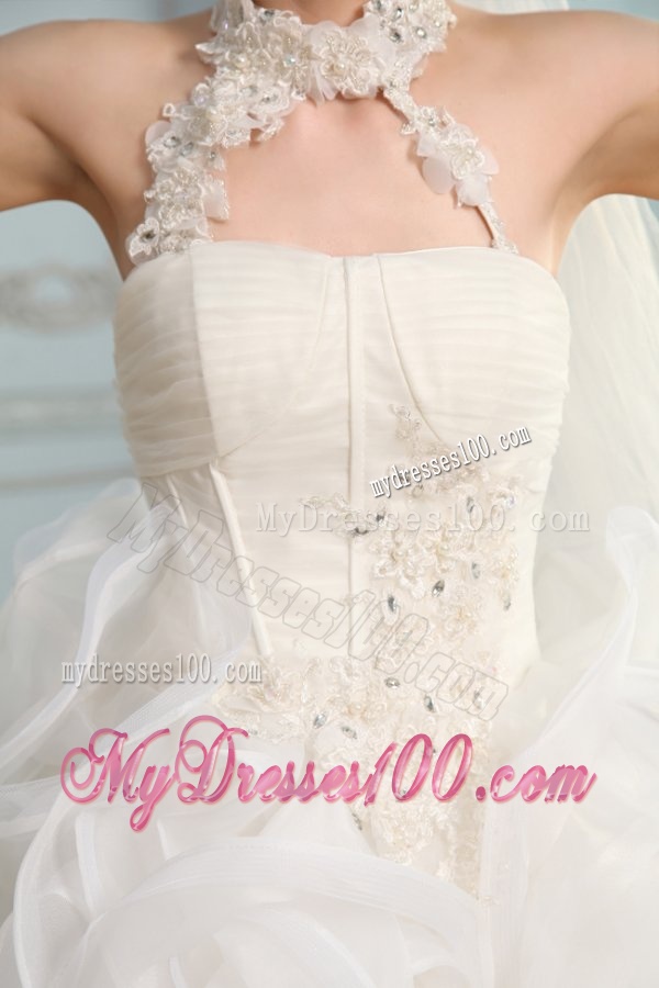 Halter Top Neck Organza Ball Gown Wedding Dress with Appliques