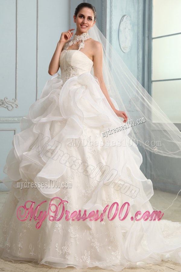 Halter Top Neck Organza Ball Gown Wedding Dress with Appliques