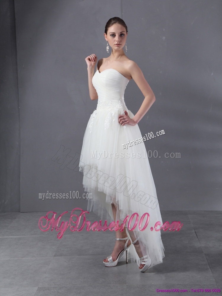 High Low White Sweetheart Wedding Dresses with Ruching and Appliques