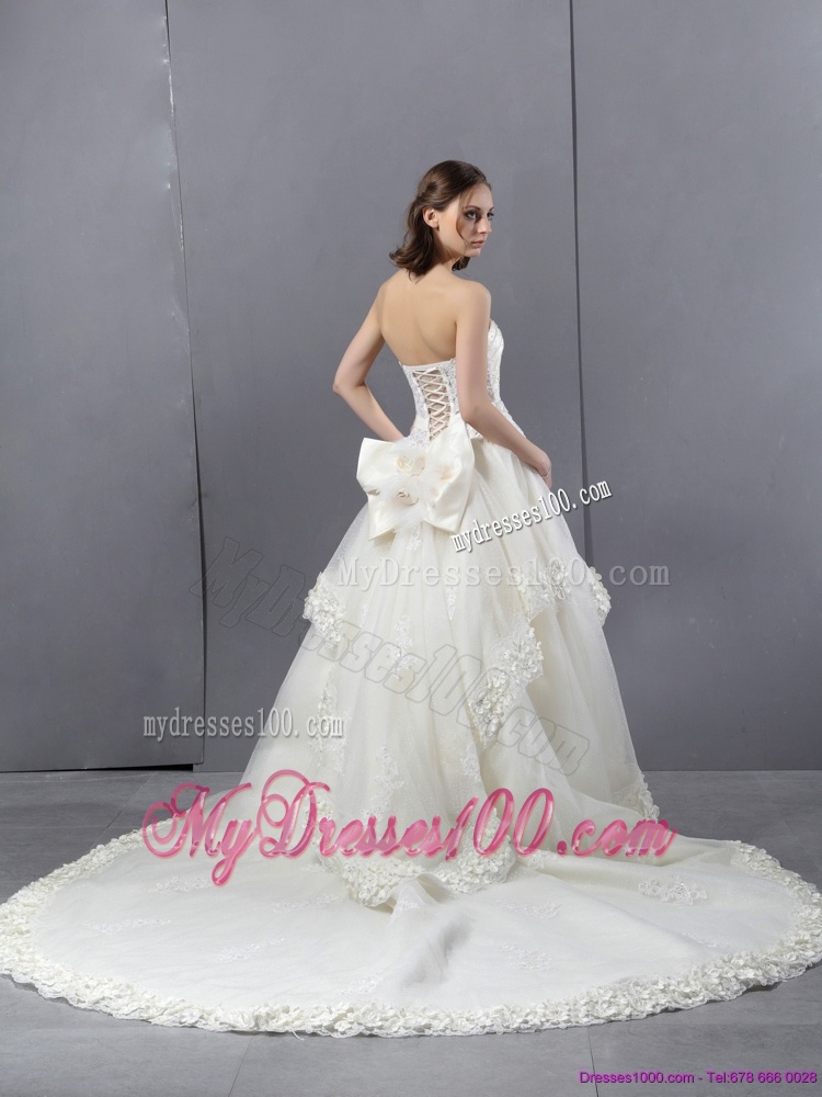 Laced Beaded White Wedding Dresses with Chapel Train