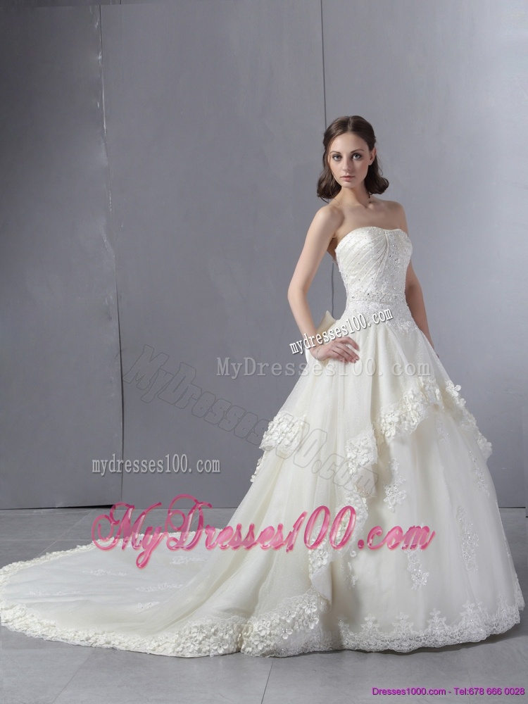 Laced Beaded White Wedding Dresses with Chapel Train