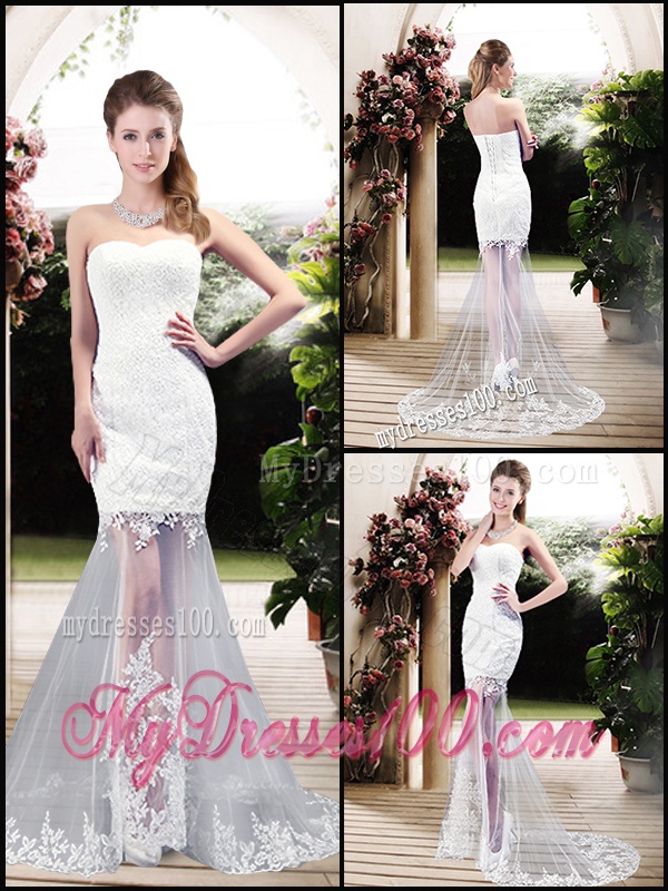 Latest Column Sweetheart Lace Wedding Dresses with Brush Train