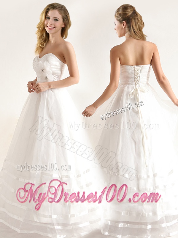 Lovely A-line Organze Wedding Dresses with Handle Made Flower and Ruching