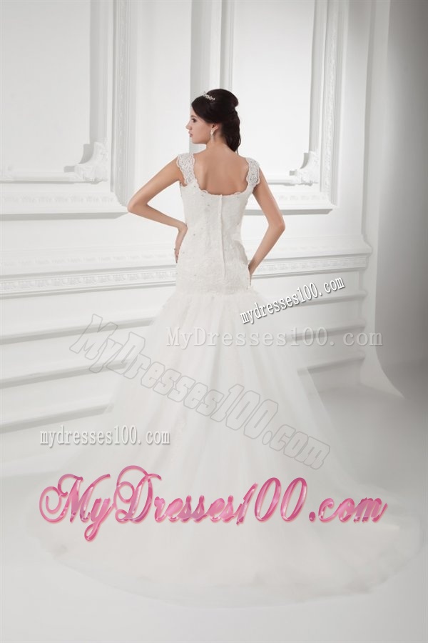Luxurious A-line Straps Wedding Dress with Lace Sweep Train