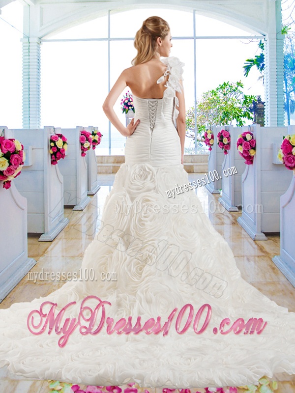 Luxurious Mermaid One Shoulder Wedding Gowns with Rolling Flowers