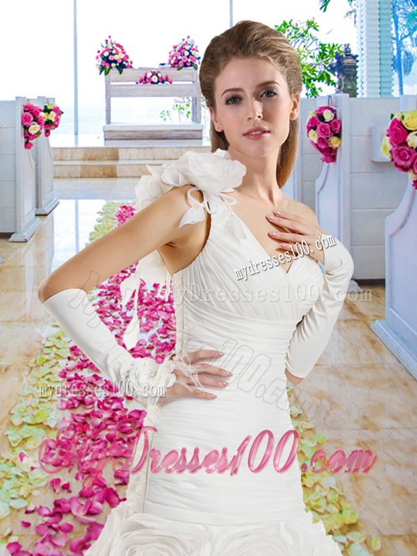 Luxurious Mermaid One Shoulder Wedding Gowns with Rolling Flowers