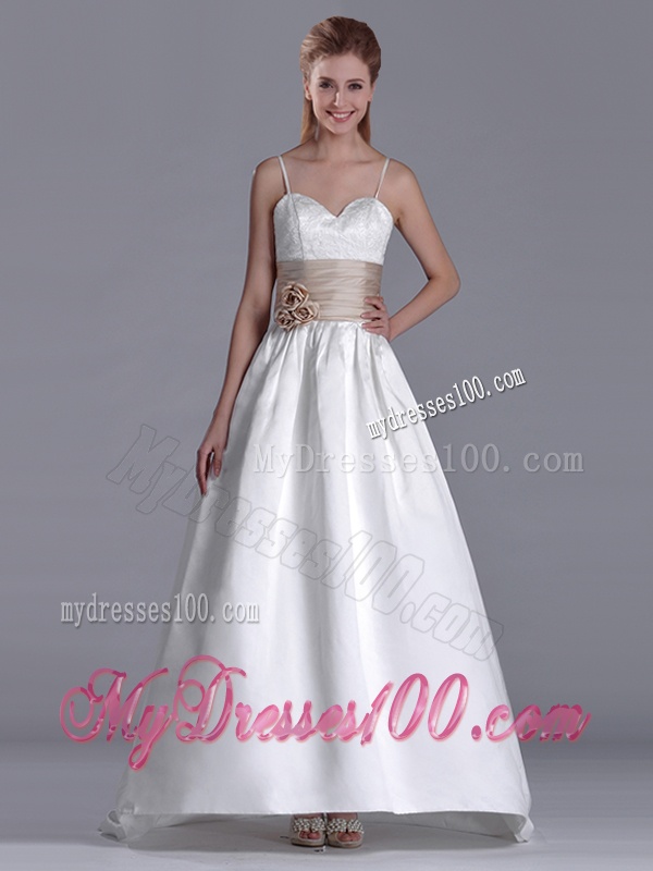 Luxurious Spaghetti Straps Brush Train Bridal Dress with Belt and Handmade Flowers
