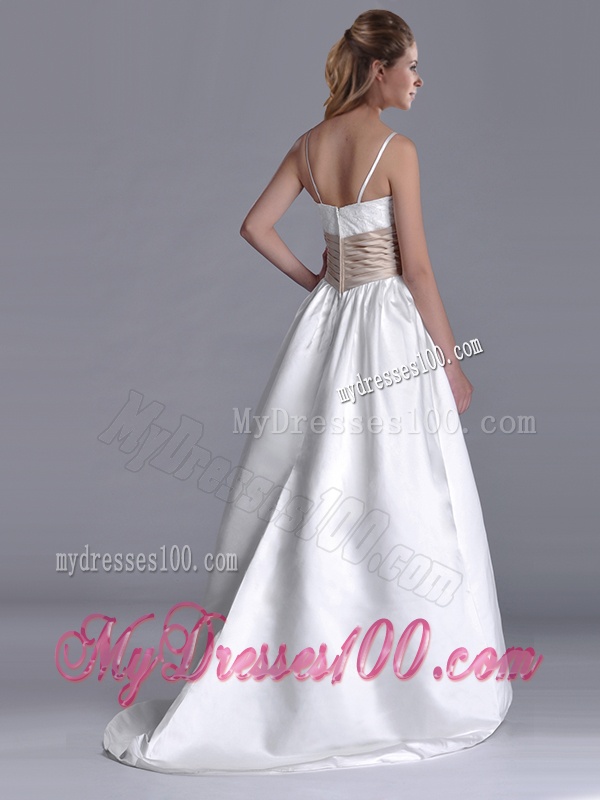 Luxurious Spaghetti Straps Brush Train Bridal Dress with Belt and Handmade Flowers