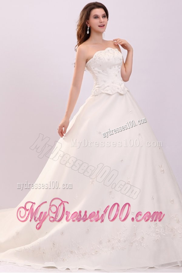 Luxurious Strapless A-line Embroidery Chapel Train Wedding Dress