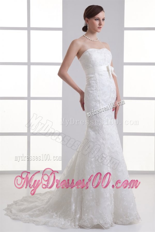 Mermaid Sash Sweetheart Lace Brush Train Wedding Dress