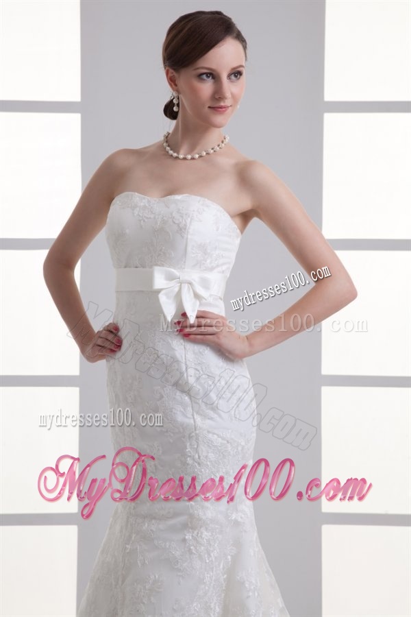 Mermaid Sash Sweetheart Lace Brush Train Wedding Dress