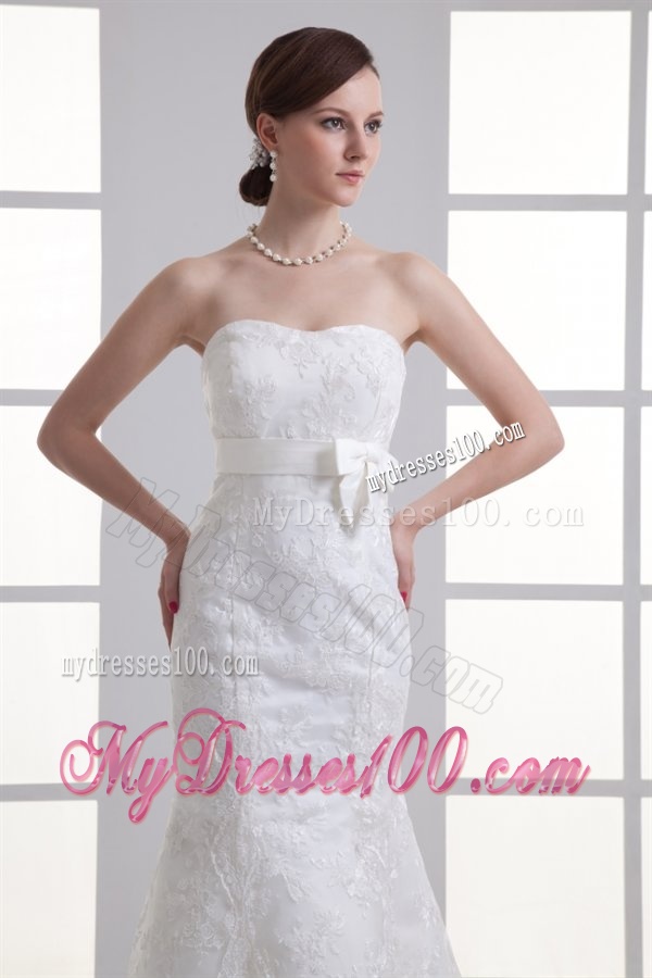 Mermaid Sash Sweetheart Lace Brush Train Wedding Dress