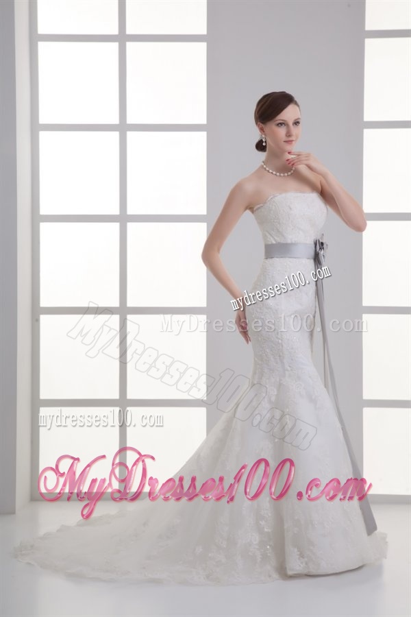 Mermaid Strapless Lace Zipper Up Lace Wedding Dress with Court Train