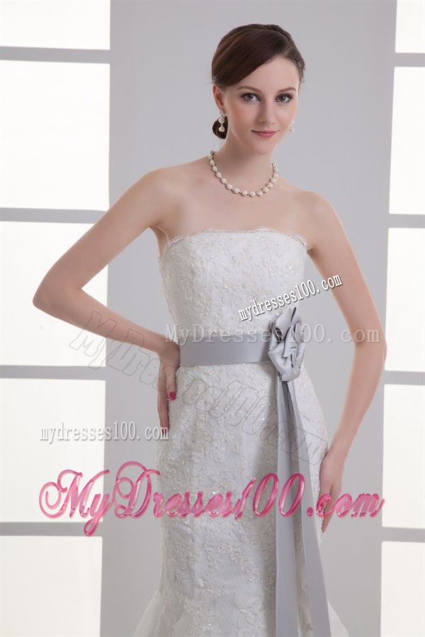 Mermaid Strapless Lace Zipper Up Lace Wedding Dress with Court Train