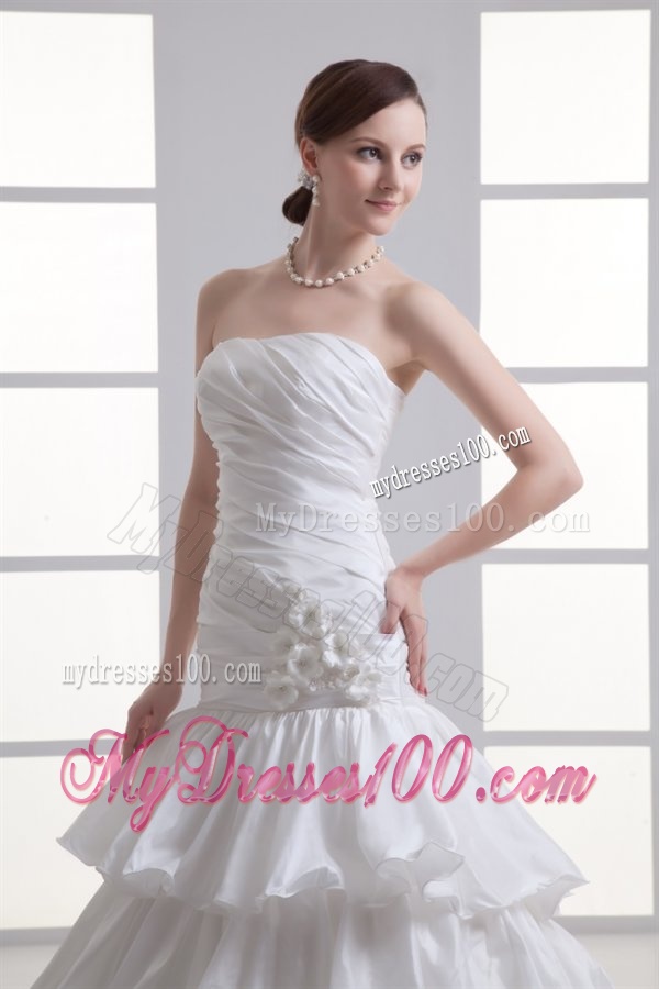 Mermaid Strapless Ruffled Layers Appliques Chapel Train Wedding Dress