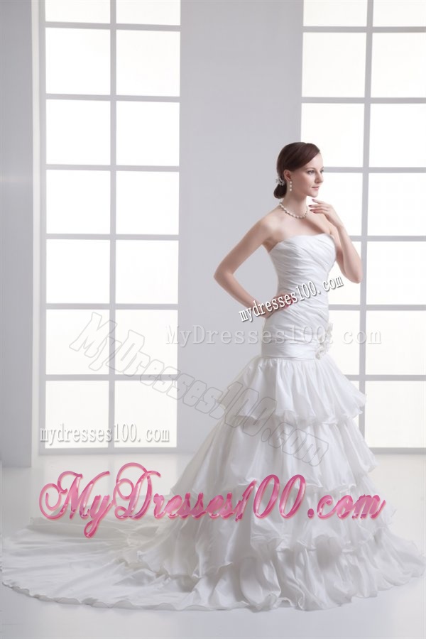 Mermaid Strapless Ruffled Layers Appliques Chapel Train Wedding Dress