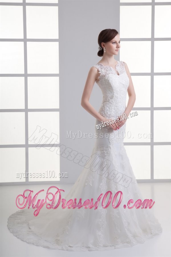 Mermaid V-Neck Lace Appliques Court Train Wedding Dress with Zipper Up