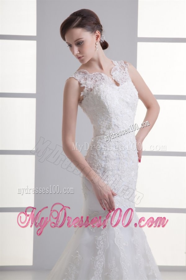 Mermaid V-Neck Lace Appliques Court Train Wedding Dress with Zipper Up