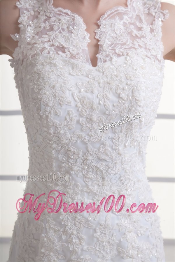 Mermaid V-Neck Lace Appliques Court Train Wedding Dress with Zipper Up