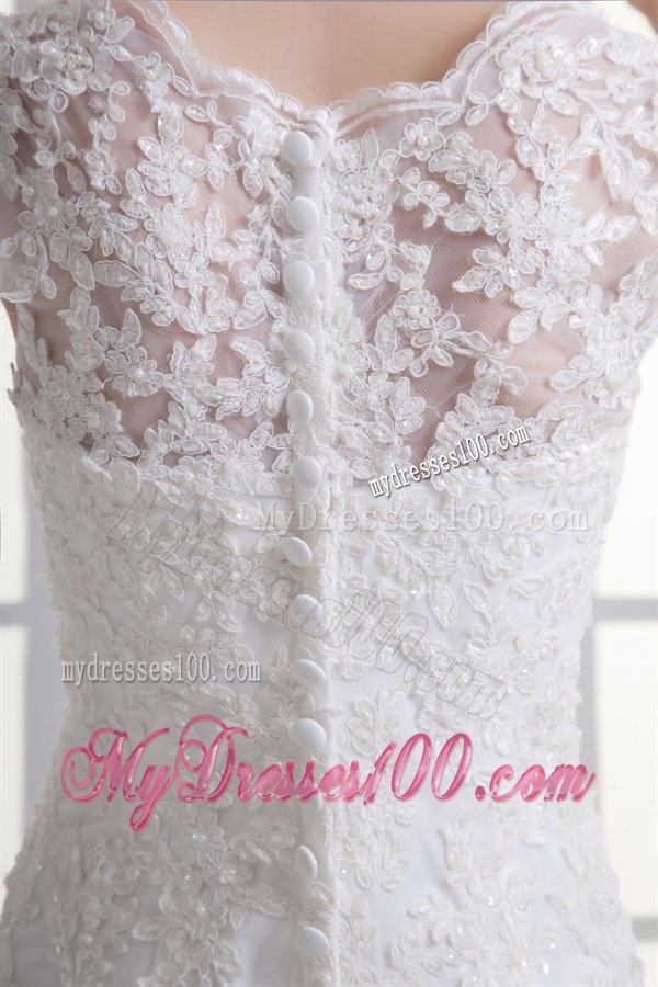 Mermaid V-Neck Lace Appliques Court Train Wedding Dress with Zipper Up