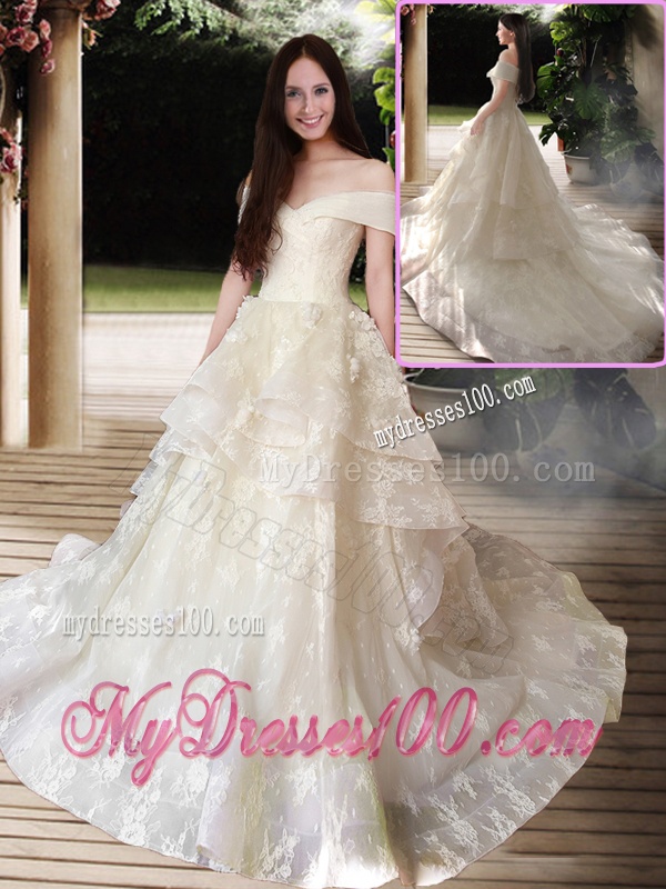 New Style A Line Court Train Wedding Dresses with Off the Shoulder
