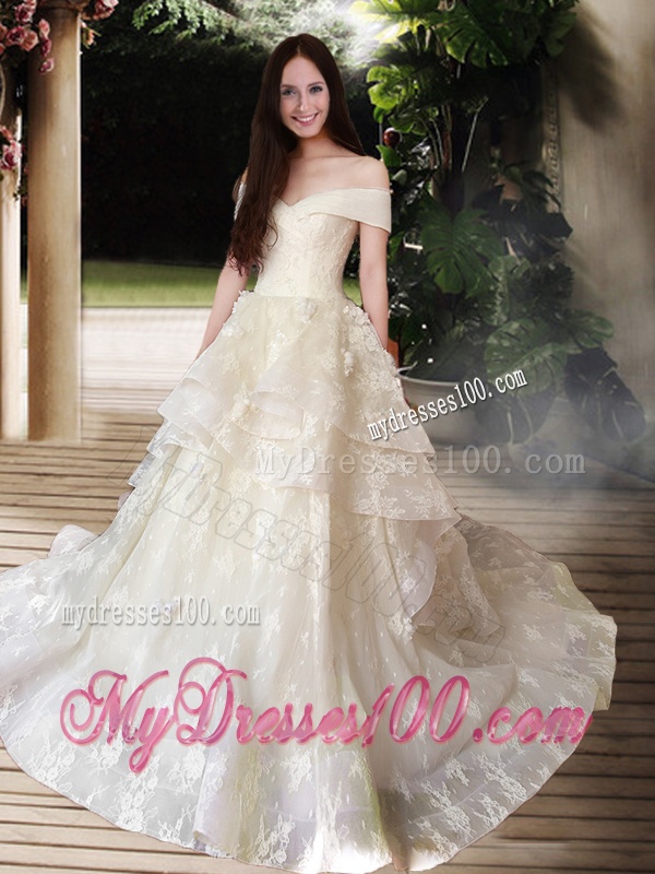 New Style A Line Court Train Wedding Dresses with Off the Shoulder