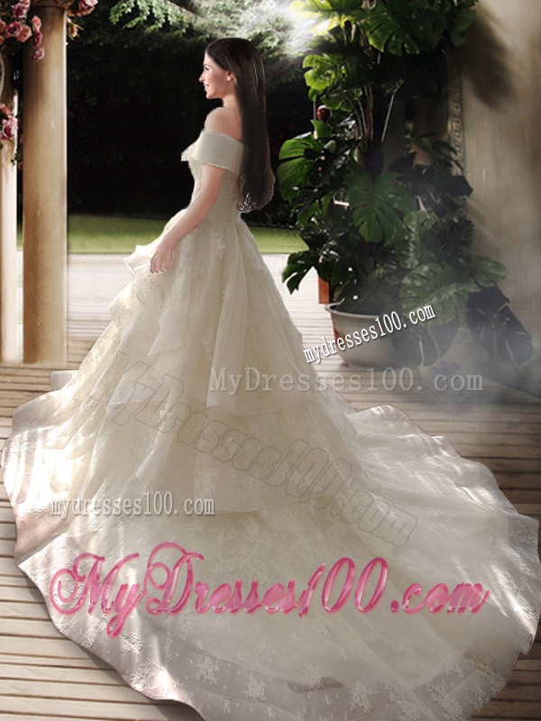 New Style A Line Court Train Wedding Dresses with Off the Shoulder