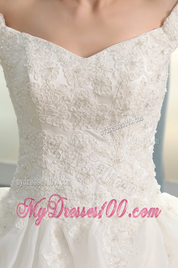 Off The Shoulder A-line Appliques and Pick-ups Organza Wedding Dress