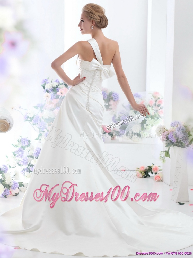Perfect 2016 One Shoulder Wedding Dresses with Ruching and Bowknot