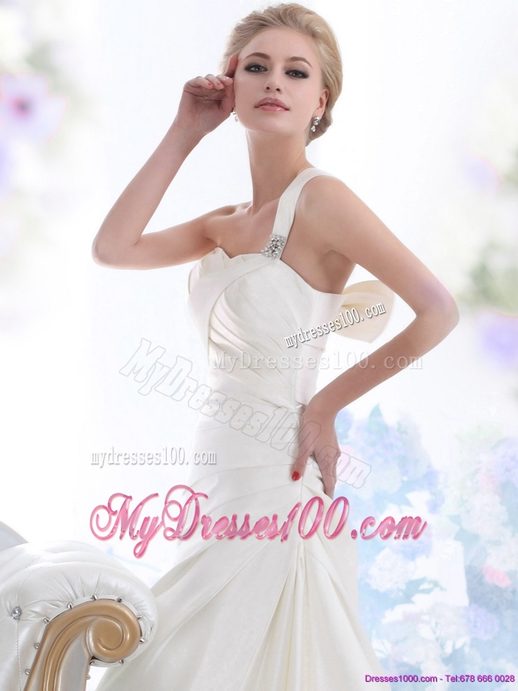 Perfect 2016 One Shoulder Wedding Dresses with Ruching and Bowknot