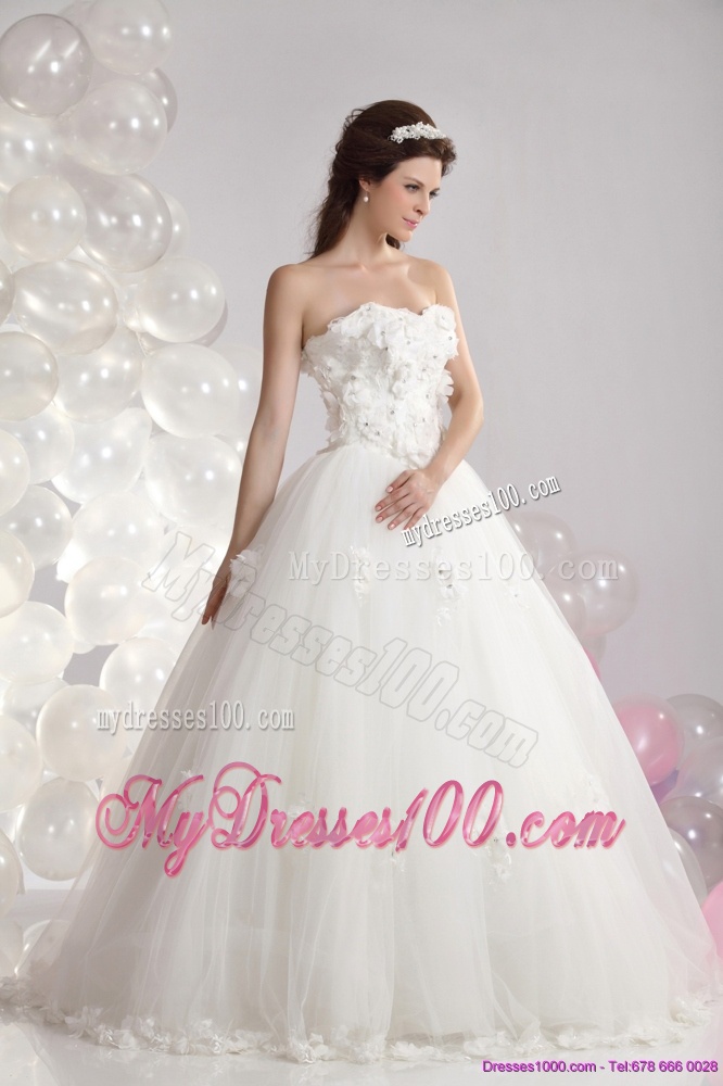 Perfect White Strapless Bridal Dresses with Beading and Hand Made Flowers