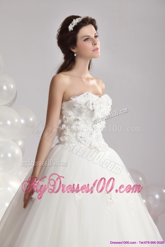 Perfect White Strapless Bridal Dresses with Beading and Hand Made Flowers