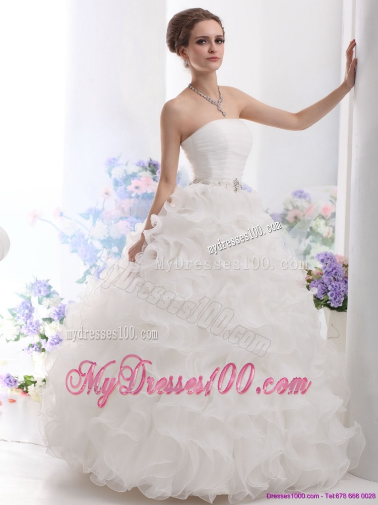 Perfect White Strapless Ruffles and Ruching Wedding Gown for 2016