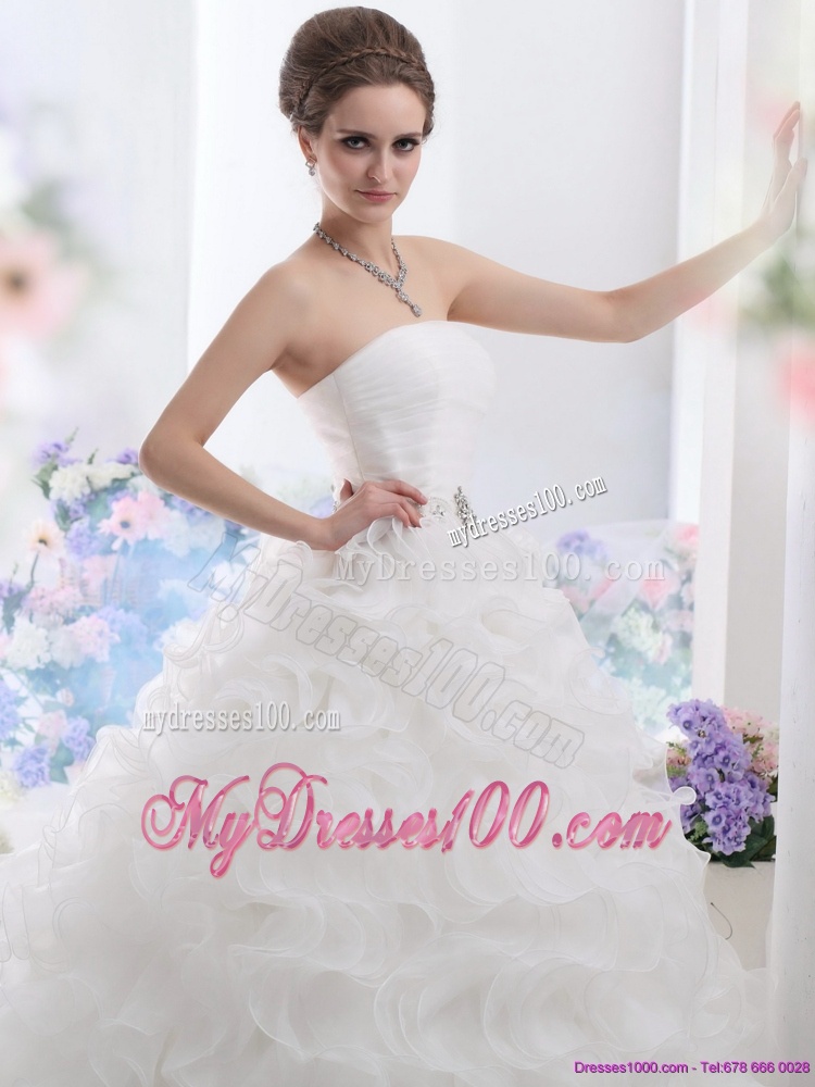 Perfect White Strapless Ruffles and Ruching Wedding Gown for 2016